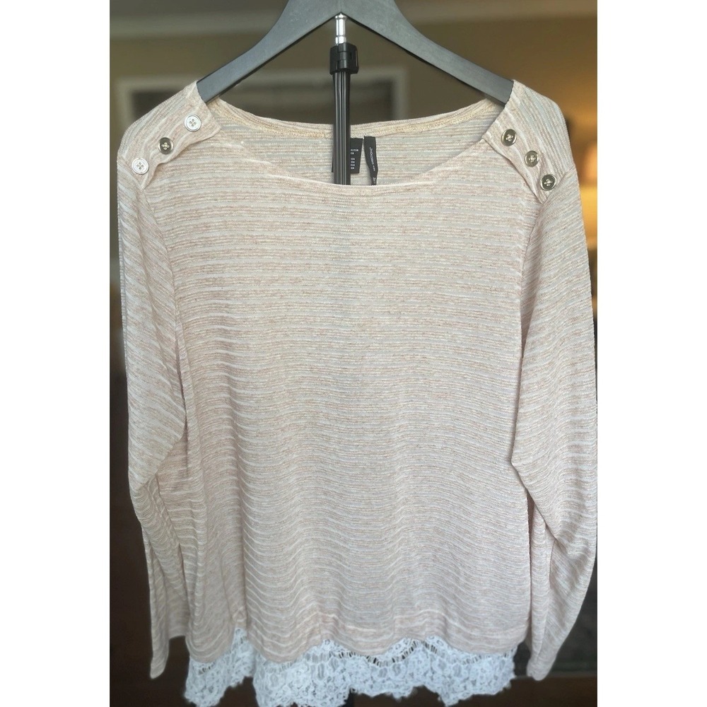 New Directions Women's 2XL Long Sleeve Stripped‎ Tan Top Lace Trim